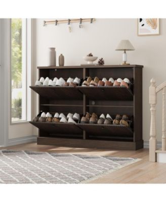 Shoe cabinet with 4 flip drawers, adjustable shelves, fluted design, and a sturdy top. A slim wooden organizer ideal for entryways.