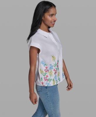 Women's Short-Sleeve Embroidered Flower Top