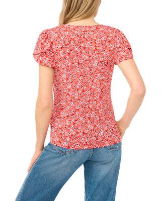 Women's V-Neck Tulip-Sleeve Printed Top