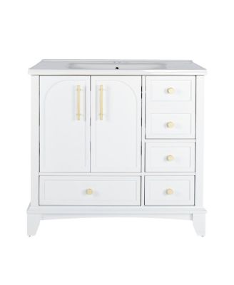 36" Bathroom Vanity with Ceramic Sink, Solid Wood MDF Cabinet, 4 Drawers Ample Storage for Modern Vintage Bathrooms