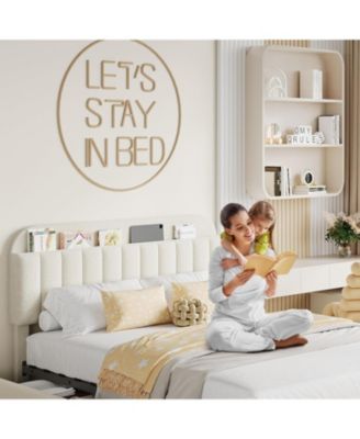 Full Bed Frame Storage Headboard 2 Drawers Boucle Upholstered Platform Bookcase Easy Assembly No Box Spring