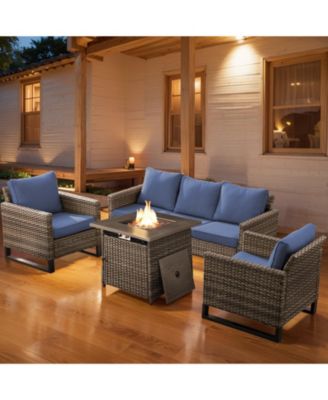 4 Pieces Outdoor Patio Furniture Set with Fire Pit Table, Rattan Wicker Patio Conversation Set with 3-Seat Sofa,Wicker Cushioned Chairs
