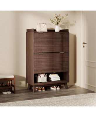 Fluted Shoe Storage Cabinet for Entryway with 2 Flip Drawers and Adjustable Shelves 48 inch Tall Freestanding Narrow Wood Shoe Cabinet