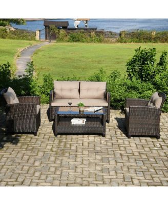 4PCS Outdoor Rattan Furniture Set Cushioned Sofa Armrest Chair Lower Shelf