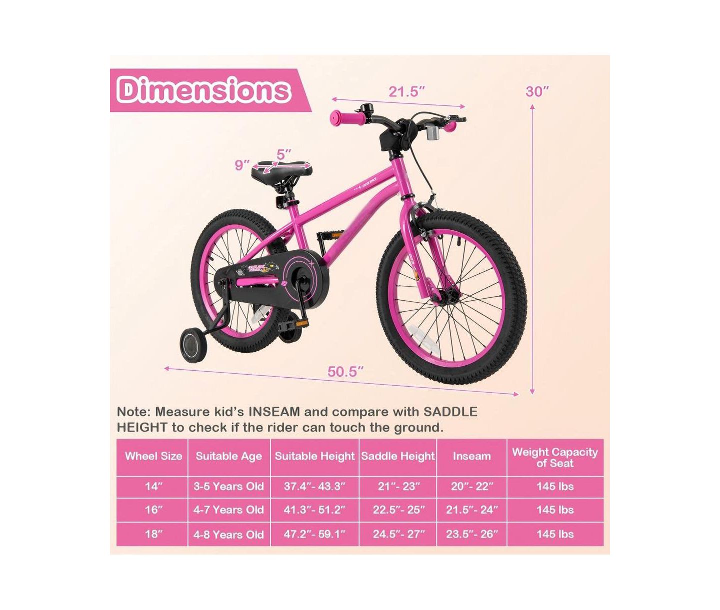 Детская игрушка HONGGE 18 Inch Adjustable Seat Removable Training Wheels Kids Bike, Ages 4-8, цвет: Розовый — фото 3