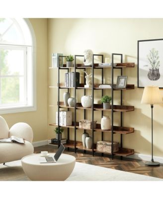 5 Tier Open Bookcase - Vintage Industrial Bookshelves with Metal Frame, MDF Board and Back Fence for Home Office.
