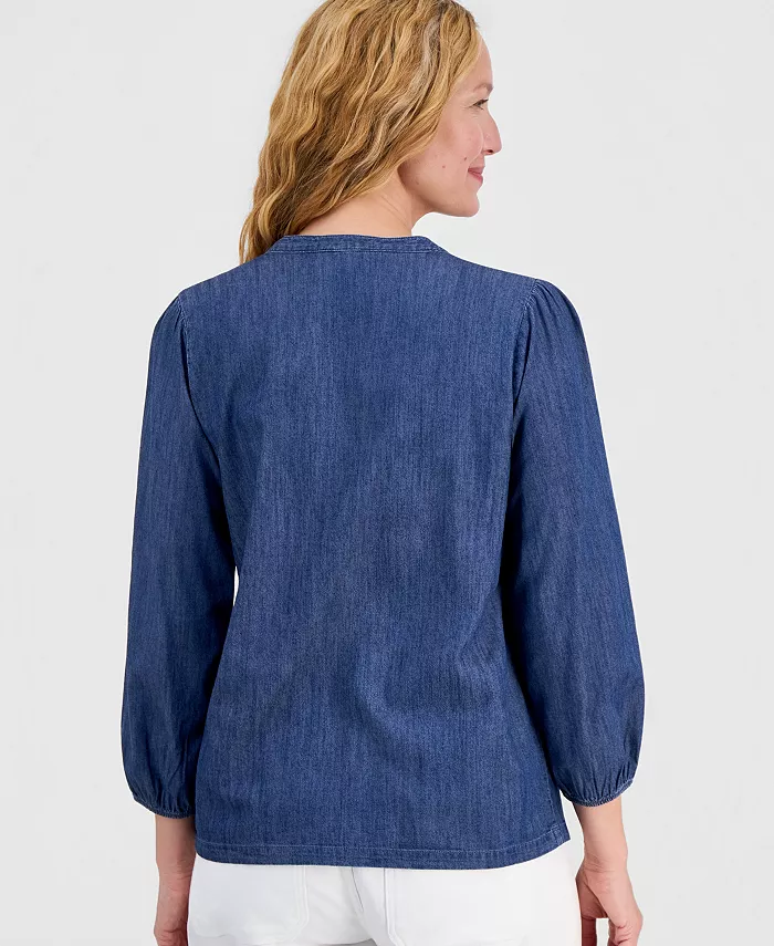 Women's Chambray Pintuck Popover Blouse - thumbnail 4