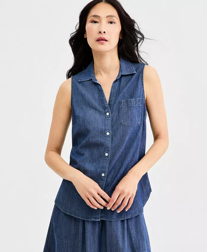 Women's Chambray Sleeveless Button-Front Top