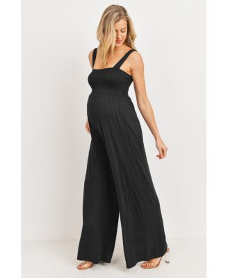 Maternity Sleeveless Smocked Bodice Wide-Leg Jumpsuit with Pockets