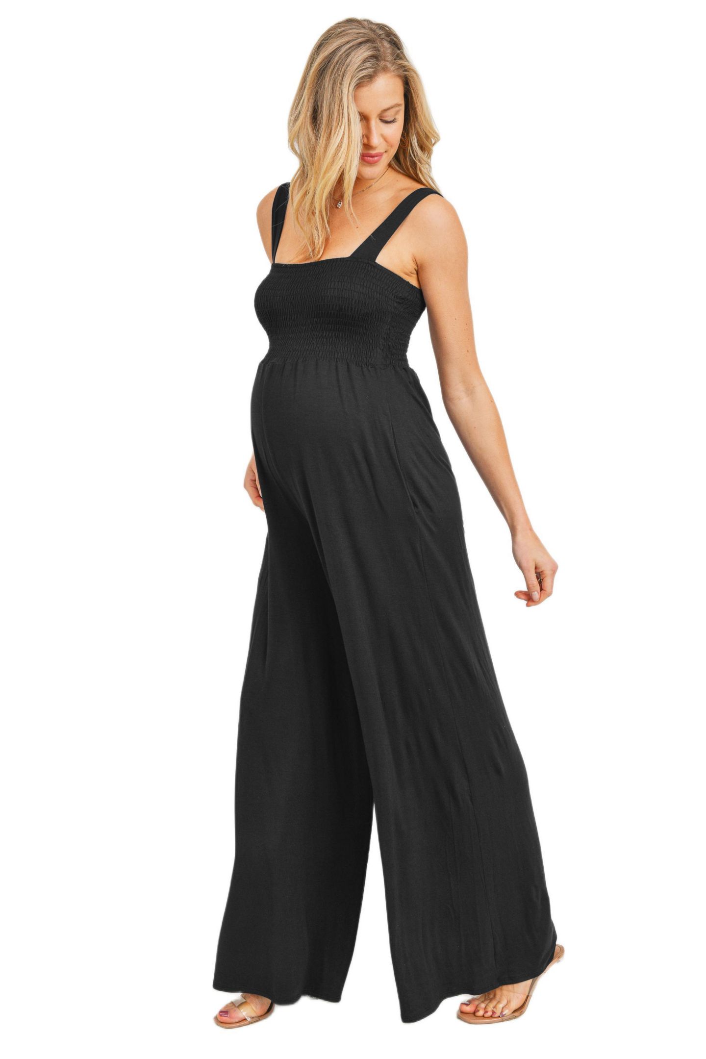 Женский комбинезон Hello Miz Maternity Sleeveless Smocked Bodice Wide-Leg Jumpsuit with Pockets, цвет: Чёрный — фото 2