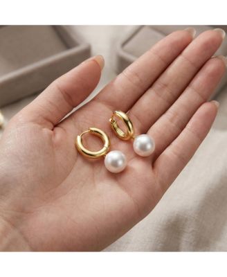 Elegant 14K Gold Plated Pearl Drop Huggie Hoop Earrings