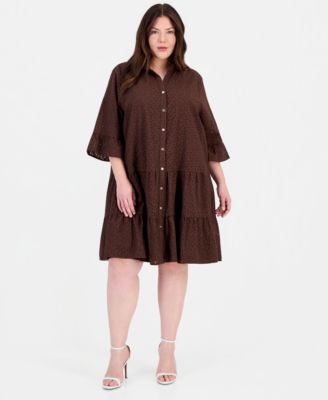 Plus Size Stand-Collar Tiered Cotton Shirtdress