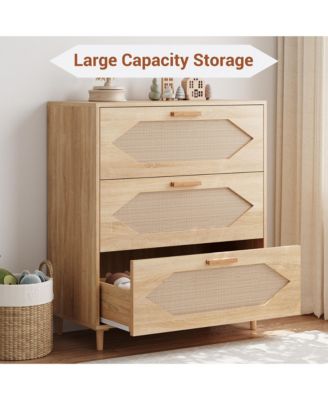 3-Drawer Rattan Dresser, Modern Oak Storage Chest for Bedroom, Living Room & Hallway