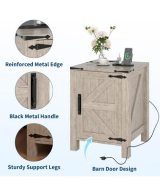 Bedside Table with USB Charging Station  18 Rustic Wooden Bedside Table with Sliding Barn Door, Adjustable Shelf