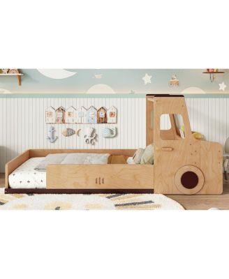  Twin Size Car-Shape Floor Bed with Storage Drawers and Desk