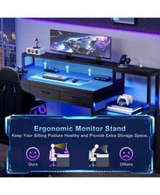 61" Modern Computer Lap Desk Table w/Storage Drawer, Monitor Stand, Charging Station, Side Pocket