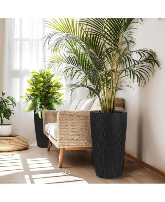 Set of 2 Faux Rattan Tall Planters with Water Level Monitor