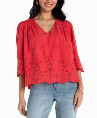 Petite V-Neck Eyelet Woven Top
