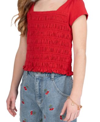 Girls' 7-16 Smocked Top and Cherry Embroidered Denim Short, 3-Piece Set