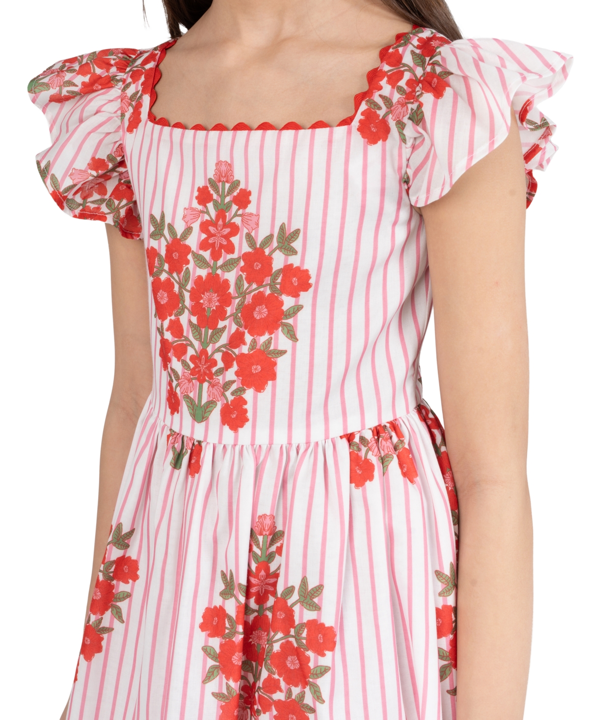Rare Editions Girls' 7-16 Striped Block Print Flutter-Sleeves Maxi Dress