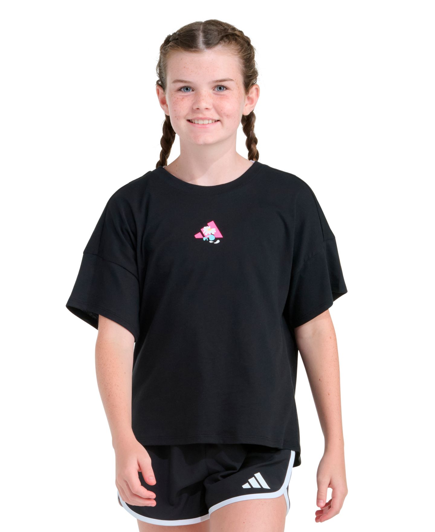 Футболка adidas Short-Sleeve Drop Shoulder T-Shirt для девочек, цвет: Чёрный — фото 1
