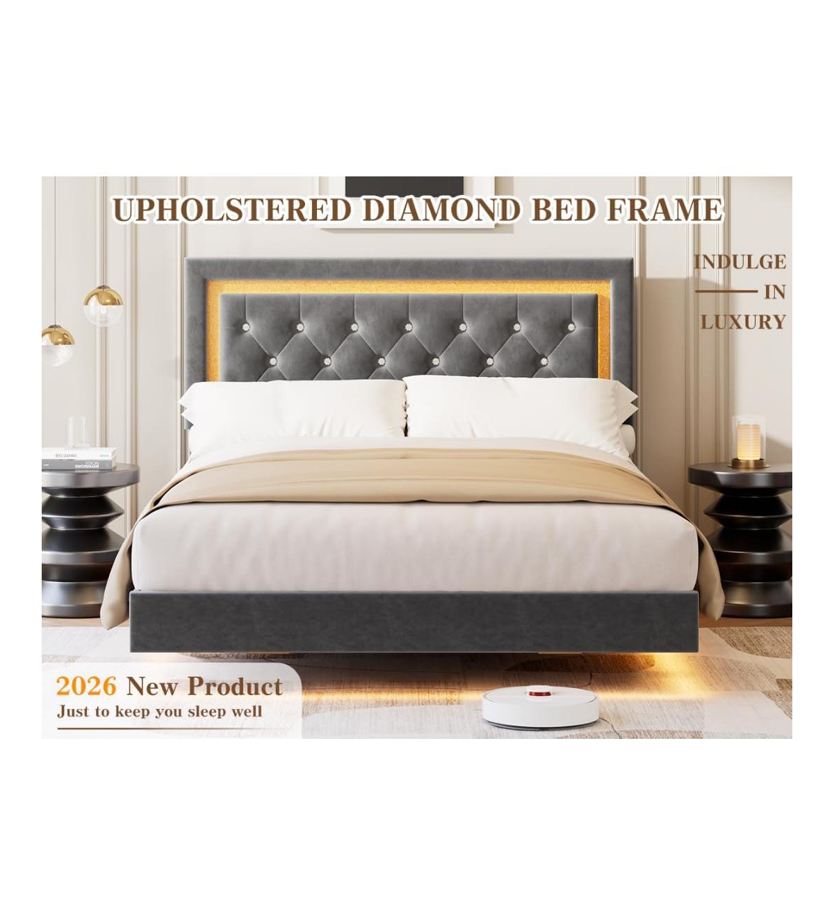 gaomon Floating Bed Frame with Smart Led Lights, Upholstered Platform Diamond Headboard, Solid Wood Slats Support