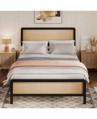 Metal Platform Bed Frame Natural Rattan Headboard, Bohemian Mattress Foundation With Strong Slats Support, No Box Spring Needed