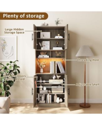  Tall Pantry Cabinet with Countertop, Kitchen Cabinets with LED Light Strip & Microwave Shelf