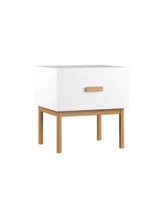 Modern Minimalist Nightstand, White Bedside Table with Drawer, Handle and Wood Legs for Bedroom, Living Room, or Apartment