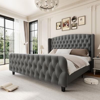  Bed Frame Deep Button Tufted Wingback Headboard Velvet Upholstered Platform No Box Spring Easy Assembly