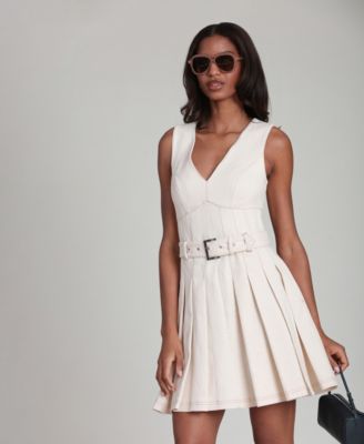 Women's V-Neck Belted Pleated Mini Dress