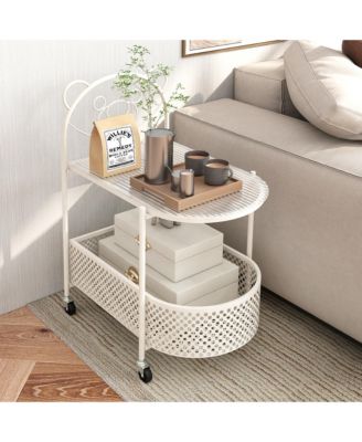 2-Tier Mobile Glass Coffee Table w/ Bear Pattern Storage Basket Transparent