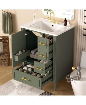 24  Bathroom Vanity with Ceramic Sink, Modern Freestanding Solid Wood MDF Cabinet, 3 Drawers Soft Close Door for Small Spaces-