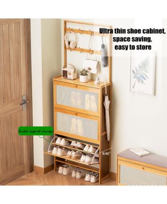Bamboo Shoe Storage Cabinet, Freestanding Shoe Rack with 3 Rattan Flip Drawers and Coat Hooks for Entryway, Hallway, Closet, Living Room