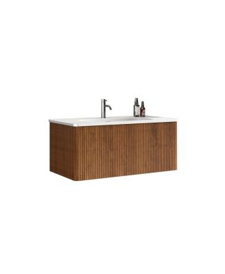 36" Walnut Floating Bathroom Vanity with Integrated Ceramic Sink & Push Open Drawer, Wall Mounted for Modern Bathroom