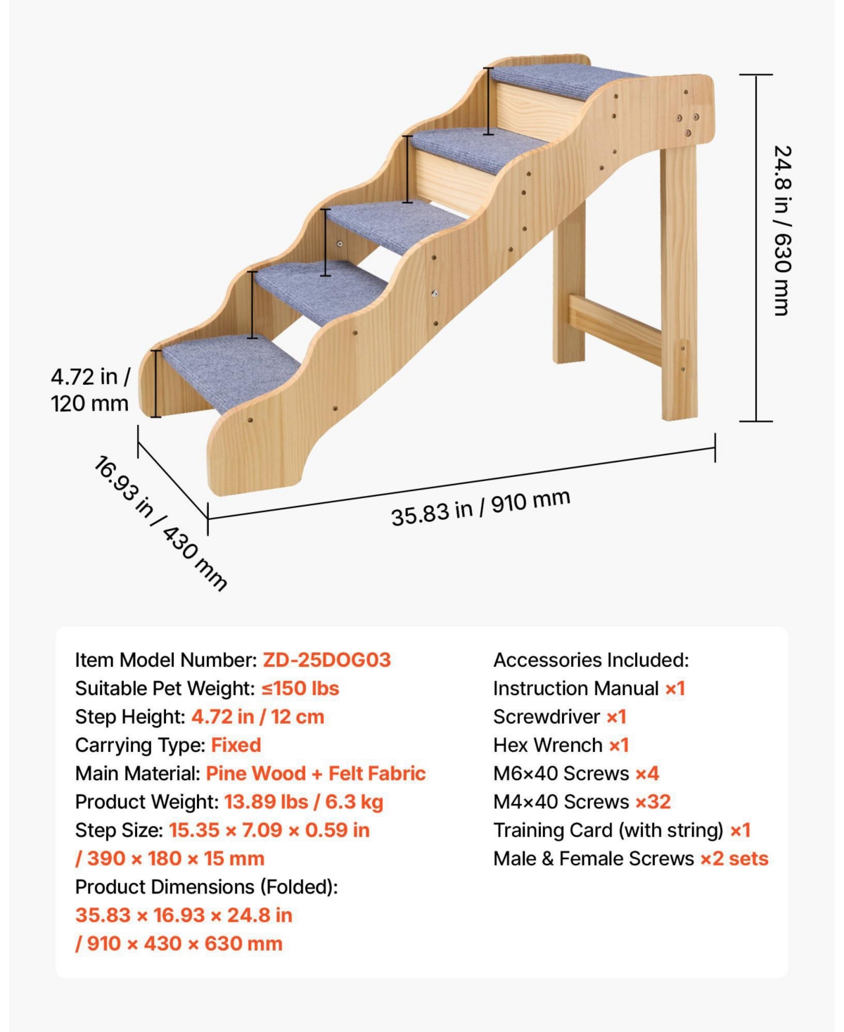 Cozito 5-Step Wooden Pet Stairs with Non-Slip Surface, 150 lb Capacity for Beds and Sofas
