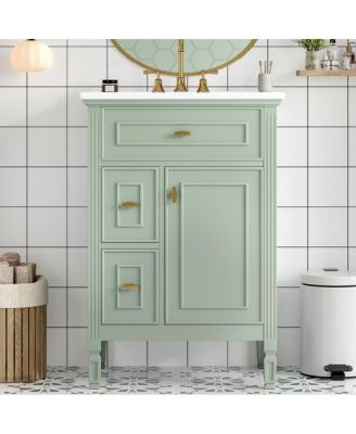 Bathroom Vanity with Sink, Freestanding Solid Wood & MDF Cabinet, Flip Drawer & Adjustable Shelf for Storage