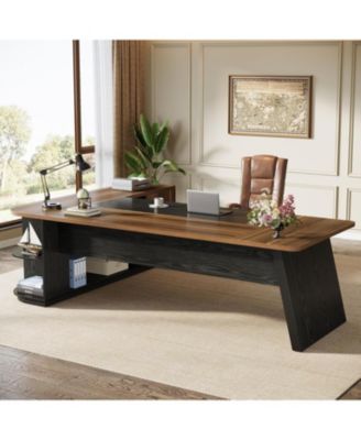 79-Inch Executive Desk, Large Office Desk with Cabinet, L-Shaped Compter Desk with Storage Shelves, Writing Table