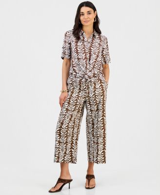 Petite Printed Twist-Hem Top & Wide-Leg Pants