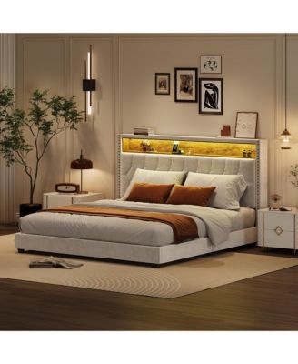 Bed Frame Button Tufted Upholstered Headboard Platform Charging Station Bookcase Light Noise-free Stable No Box Spring