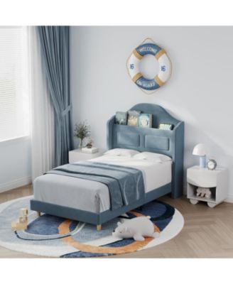 Twin Bed Frame Headboard Built-in LED Lights Velvet Upholstered Platform Wing Back Easy Assembly No Box Spring Noise Free