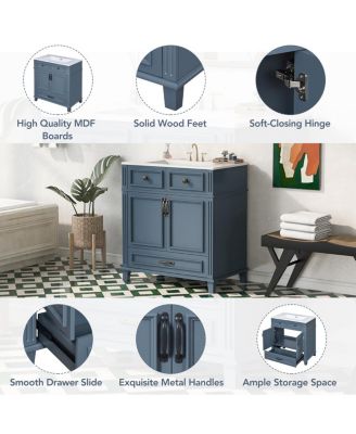 30'' Solid Wood Bathroom Vanity with Ceramic Sink, Soft Close Drawer & Ample Storage,  Retro Modern Cabinet for Easy Assembly