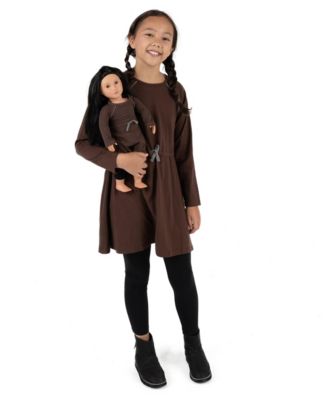 Girls Matching Girl & Doll Drawstring Cinch-Waist Long Sleeve Dress