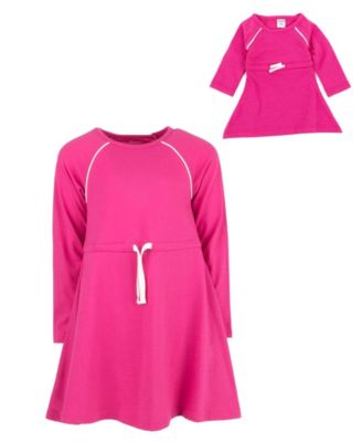 Girls Matching Girl & Doll Drawstring Cinch-Waist Long Sleeve Dress