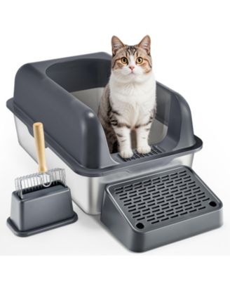 XL Stainless Steel Cat Litter Box with Scoop and High Sides
