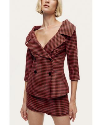 Women's Checked Portrait Collar Double-Breasted Jacket