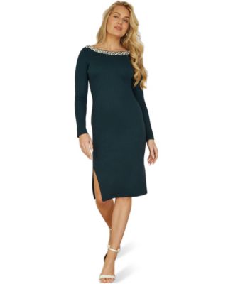 Women's Bedazzled Neck Fitted Midi Knitted Dress