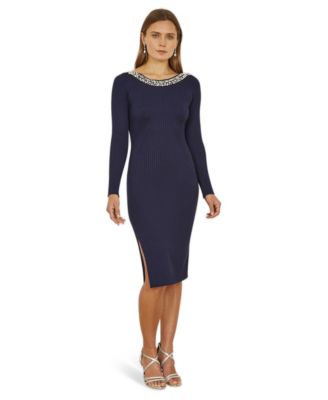 Women's Bedazzled Neck Fitted Midi Knitted Dress