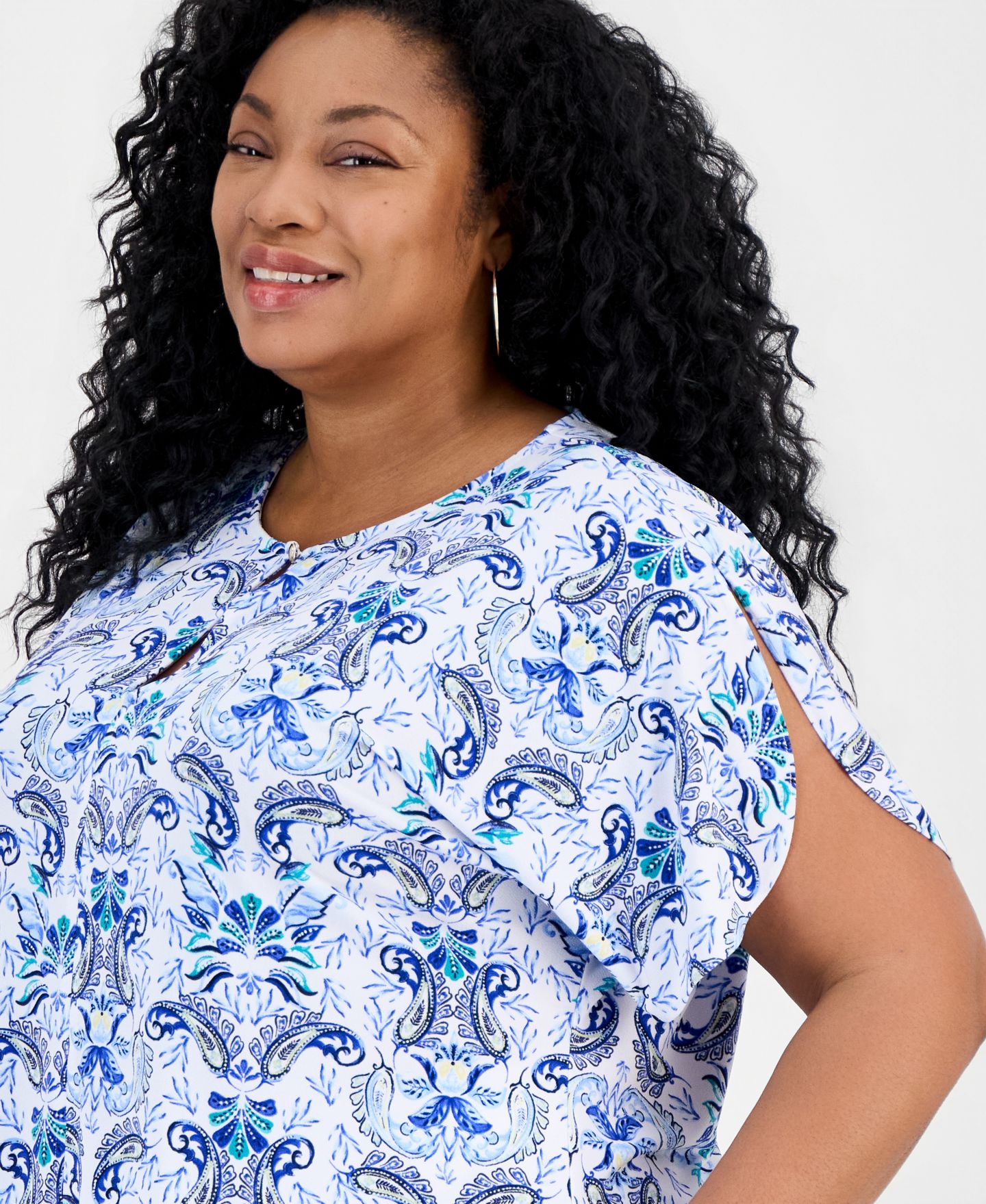 Женский топ JM Collection Plus Size Luca Paisley Keyhole Dolman-Sleeve Top, цвет: Яркий белый — фото 3