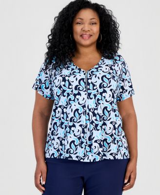 Plus Size Dolce Scroll V-Neck Zipper Top